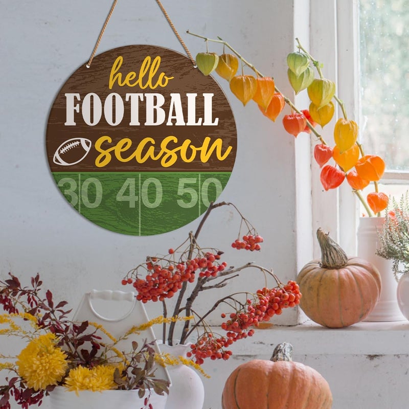 HSNBT Football Sign for Front Door Decor Fall Football Decor for Home Porch Office Boys Bedroom Sport Football Wooden Hanging Sign Wall Decorations, Hello Football Season - Image 3